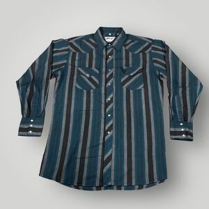 White Horse‎ Shirt Mens Large Blue Gray Striped Western Pearl Snap Long Sleeve